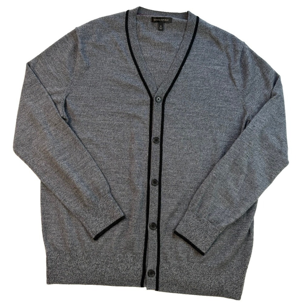Banana Republic Men's XL Merino Wool Cardigan Gray Black Trim Preppy Academia